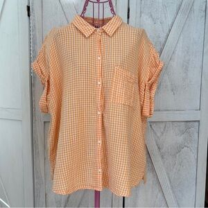Old Navy Gingham Gauzey Top Women’s Large Tall Orange & White Button Up